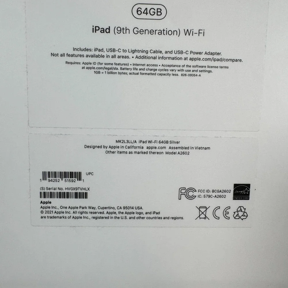 Apple iPad (9th Generation) A2602 64‎ GB, Wi-Fi, 10.2 in - Space Gray BOX ONLY